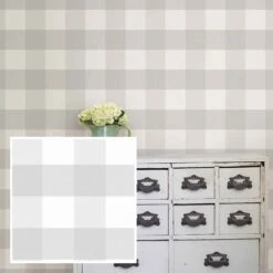 Papier Peint ''peler Et Coller'' à Motif De Carreaux De Ferme Gris, 20,5" X 18'