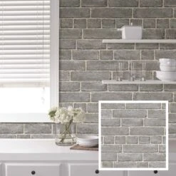 Papier Peint ''peler Et Coller'' à Motif De Façade En Brique Grise, 20,5" X 18'