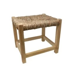 Petit Banc En Bois Avec Assise Tressée En Osier, 12" X 10" X 11"