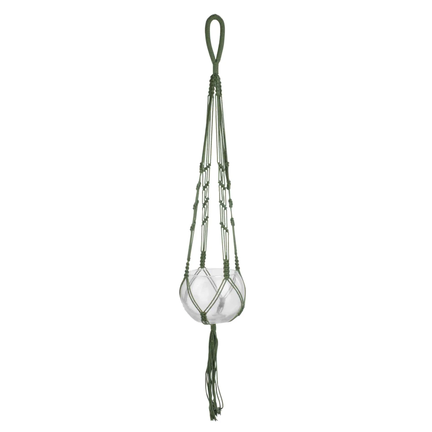 Jardinière à Suspendre En Macramé Vert Avec Pot En Verre, 6" X 36" 3 Jardinière à Suspendre En Macramé Vert Avec Pot En Verre, 6" X 36"