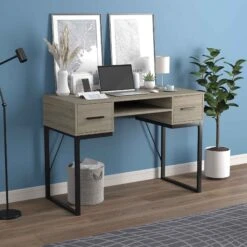 Bureau De Travail à 2 tiroirs Et 1 étagère Avec Structure Métallique Noire, 42,5" X 19,7" X 30"