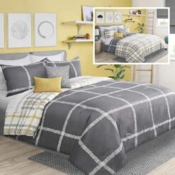 Ensemble D'une Couette Réversible Double Queen Et De Taies En Microfibre Avec Imprimé à Carreaux, 3 Pièces
