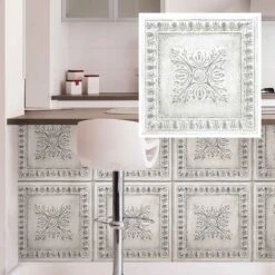 Papier Peint ''peler Et Coller'' à Motif D’étain Récupéré Gris Foncé Sur Fond Blanc, 20,5" X 18'