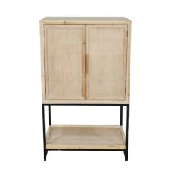 Armoire En Bois Avec Rotin Tissé Naturel Et Structure Métallique, 26" X 14-1/4" X 46"