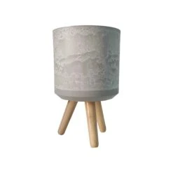 Pot Rond Gris Sur Pieds En Bois, 16' 'x 10''