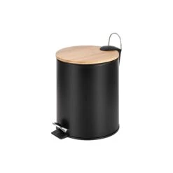 Poubelle Ronde à Pédale En Métal Noir Et En Bambou, 5 L