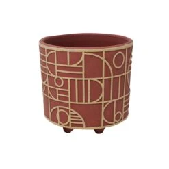 Pot En Ciment Rouge Avec Motifs Géométriques, 4,7" X 4,5"