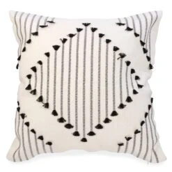 Coussin Avec Tissage De Pompons Noirs, 17" X 17"