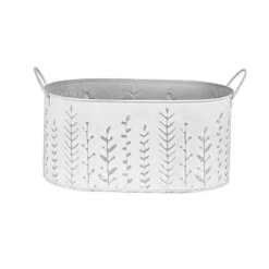 Grand Seau Oval Décoratif En Métal Embossé Blanc Avec Poignées, 10'' X 6'' X 6''