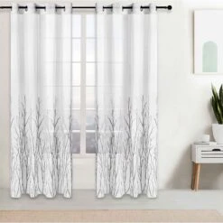 Rideau De Voilage Brodé Avec Motif De Branches, Gris Foncé