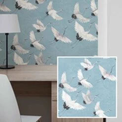 Papier Peint ''peler Et Coller'' à Motif De Cygnes, 20,5" X 18'