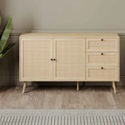 Commode En Bois D'aspect Naturel à 2 Portes Et 3 Tiroirs, 55'' X 16'' X 31,5''