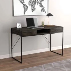 Bureau En Bois Gris à 2 tiroirs Et 1 étagère Avec Structure En Métal Noir, 48" X 22" X 30"