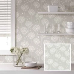 Papier Peint ''peler Et Coller'' à Motif De Pissenlits Blancs Sur Fond Gris, 20,5" X 18'