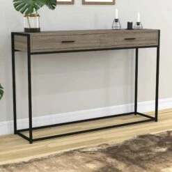 Table Console Au Fini Taupe Avec Structure Métallique Noire, 2 Tiroirs