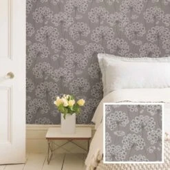 Papier Peint ''peler Et Coller'' à Motif De Fleurs Gris Angelica, 20,5" X 18'