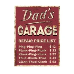 Enseigne Murale, ''Dad's Garage Repair Price List'' (12'' X 16'')