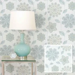 Papier Peint ''peler Et Coller'' à Motif Floral Gitan Bleu Et Vert, 20,5" X 18'